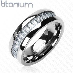 Titanový prsten se vsazenými, obdélníkovými zirkony - Velikost: 60