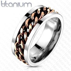 Titanový prsten stříbrné barvy - řetěz v měděném barevném odstínu - Velikost: 67
