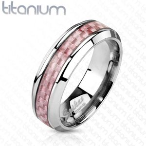 Titanový prsten stříbrné barvy, středový pás z růžových vláken, 6 mm - Velikost: 57