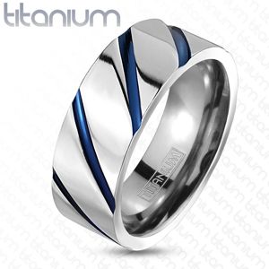 Titanový prsten stříbrné barvy, vysoký lesk, šikmé modré zářezy - Velikost: 62