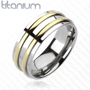 Titanový prsten - stříbrný, dva zlaté pásky - Velikost: 71
