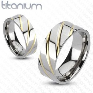 Titanový prsten - stříbrný, zlaté proužky - Velikost: 55