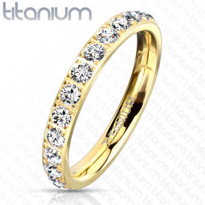Titanový prsten ve zlatém odstínu - třpytivé zirkony čiré barvy, 3 mm - Velikost: 50