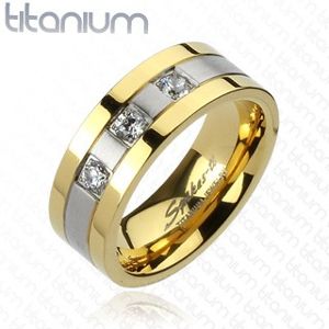 Titanový prsten - zlato-stříbrný, tři zirkony - Velikost: 70