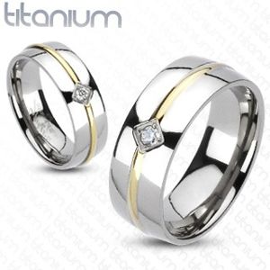 Titanový prsten - zlatý pásek, zirkon - Velikost: 54