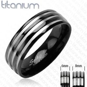 Titanový snubní prsten - se třemi stříbrnými pruhy, černý - Velikost: 51