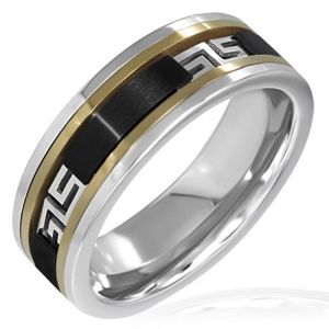 Trojbarevný prsten - černý pás, řecký vzor - Velikost: 60