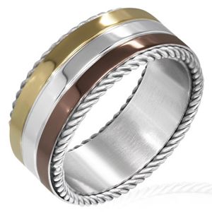 Trojbarevný prsten z oceli - točené lanko na okraji - Velikost: 64