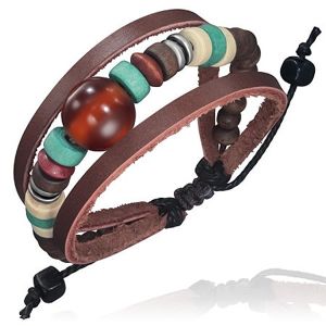Trojitý kožený náramek - kožené pásy, šňůrka, perlička 