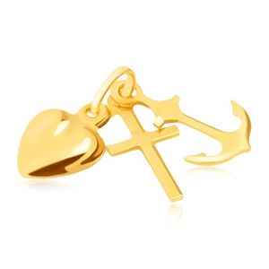 Trojpřívěsek ve žlutém 14K zlatě - kotva, srdce a kříž, lesklé a hladké