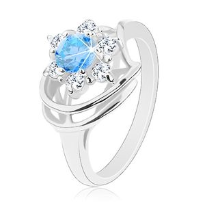 Třpytivý prsten, modro-čirý zirkonový kvítek, lesklé oblouky - Velikost: 54