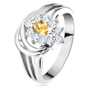 Třpytivý prsten s rozdělenými rameny, zrnkovitý zirkon ve žluté barvě, čirý lem - Velikost: 52