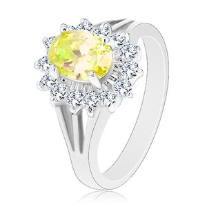 Třpytivý prsten s rozvětvenými rameny, stříbrná barva, žluto-čiré zirkony - Velikost: 55