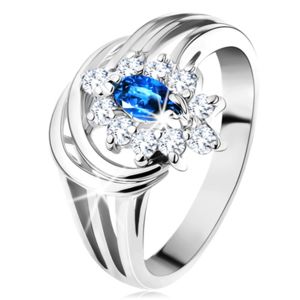 Třpytivý prsten s rozvětvenými rameny, tmavomodrý zirkon, čirá obruba - Velikost: 53