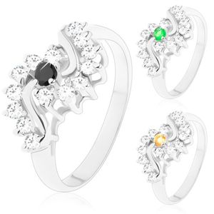 Třpytivý prsten s úzkými rameny, zvlněné zirkonové čiré linie, kulatý střed - Velikost: 57, Barva: Zelená