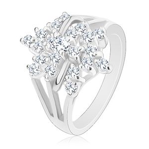 Třpytivý prsten, stříbrná barva, čirý zirkonový květ, rozvětvená ramena - Velikost: 52
