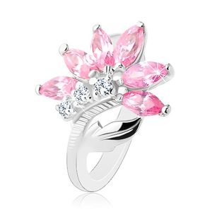 Třpytivý prsten stříbrné barvy, růžovo-čirý zirkonový květ, lesklý list - Velikost: 57