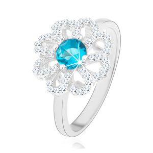 Třpytivý prsten, stříbro 925, zirkonový květ - čiré lupínky, světle modrý střed - Velikost: 49
