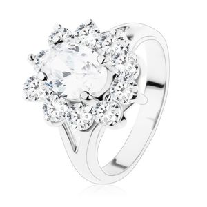 Třpytivý prsten ve stříbrné barvě, rozdvojená ramena a čiré zirkony - Velikost: 50