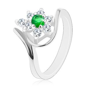 Třpytivý prsten ve stříbrné barvě, tmavě zelený kvítek s čirými lupínky - Velikost: 52