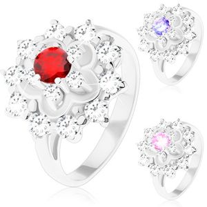 Třpytivý prsten ve stříbrném odstínu, kontura květu, kulaté zirkony - Velikost: 51, Barva: Červená