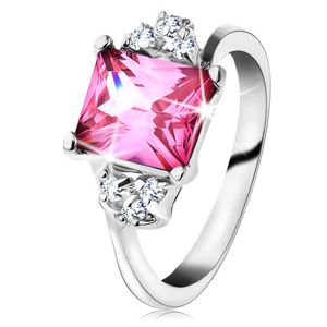 Třpytivý prsten ve stříbrném odstínu, obdélníkový zirkon v růžové barvě - Velikost: 57
