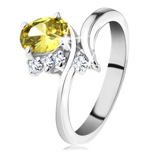 Třpytivý prsten ve stříbrném odstínu, oválný zirkon ve žluté barvě - Velikost: 62
