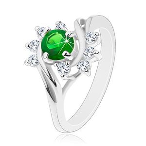 Třpytivý prsten ve stříbrném odstínu, zeleno-čiré zirkony, hladké oblouky - Velikost: 57