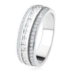 Třpytivý prsten ze stříbra 925, vyvýšený střední pás, čiré zirkony - Velikost: 58