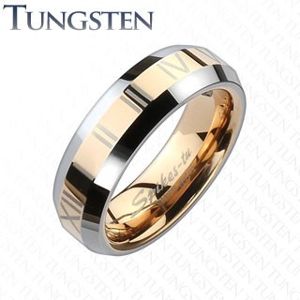 Tungstenový kroužek - zlatorůžový pás s římskými číslicemi - Velikost: 51