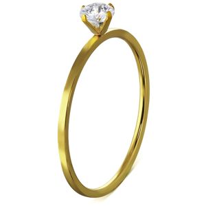 Úzký ocelový prsten, zlatá barva, kamínek uchycený čtyřmi kolíčky - Velikost: 46