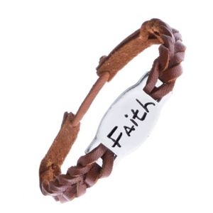Úzký pletený náramek z kůže - karamelový, známka "FAITH"