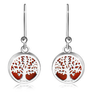 Visací stříbrné 925 náušnice - hladký kroužek, strom života na červeném podkladu
