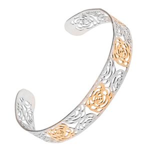 Vyřezávaný zlato-stříbrný pískovaný náramek z oceli, motiv růží
