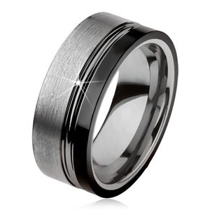Wolframový prsten, dva zářezy, ocelově šedá a černá barva, lesklo-matný povrch - Velikost: 62