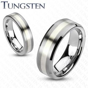 Wolframový prsten - matný šedý se stříbrným pásem - Velikost: 67, Šířka: 8 mm