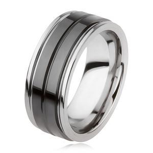 Wolframový prsten s lesklým černým povrchem a zářezem, stříbrná barva - Velikost: 65