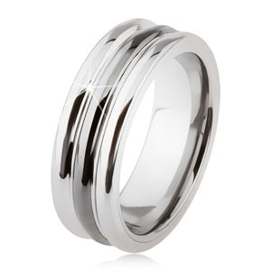 Wolframový prsten s lesklým povrchem, dva zářezy, černá a stříbrná barva - Velikost: 59