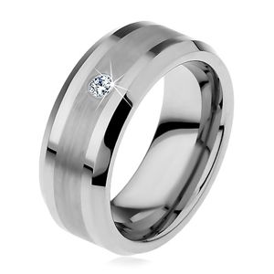 Wolframový prsten s matným středovým pásem a čirým zirkonem, 8 mm - Velikost: 70