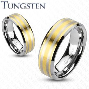 Wolframový prsten se dvěma pásky zlaté barvy - Velikost: 69