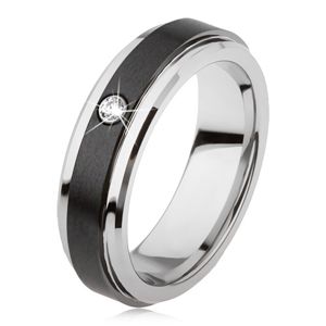 Wolframový prsten stříbrné barvy, černý keramický pás, zirkon - Velikost: 64
