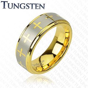 Wolframový prsten ve zlatém odstínu, křížky a pás stříbrné barvy, 8 mm - Velikost: 54