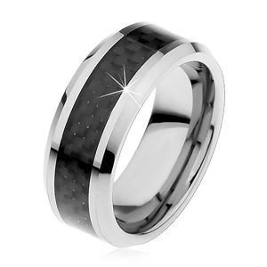 Wolframový prstýnek stříbrné barvy, středový pás z černých vláken, 8 mm - Velikost: 57
