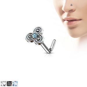 Zahnutý ocelový piercing do nosu s keltským motivem, zirkonek uprostřed - Tloušťka piercingu: 1 mm, Barva zirkonu: Čirá - C