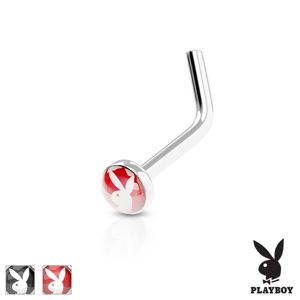 Zahnutý piercing do nosu, ocel 316L, barevné kolečko se zajíčkem Playboy - Barva piercing: Červená