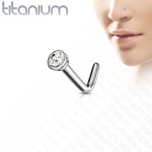 Zahnutý piercing do nosu z titanu - čirý kulatý zirkon v objímce, 0,8 mm - Rozměr: 0,8 mm x 6 mm x 2,5 mm
