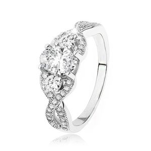Zářivý stříbrný prsten 925, překřížená zvlněná ramena, oválný zirkon - Velikost: 57