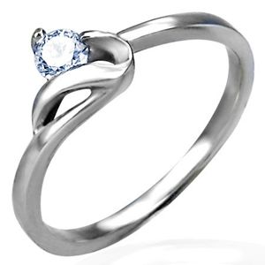 Zásnubní prsten stříbrné barvy, ocel 316L, kulatý čirý zirkon a zvlněné rameno - Velikost: 55