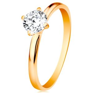 Zásnubní prsten ve žlutém 14K zlatě - hladká ramena, zářivý kulatý zirkon čiré barvy - Velikost: 51