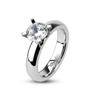 Zásnubní prsten z oceli - vystupující veliký kulatý zirkon - Velikost: 49